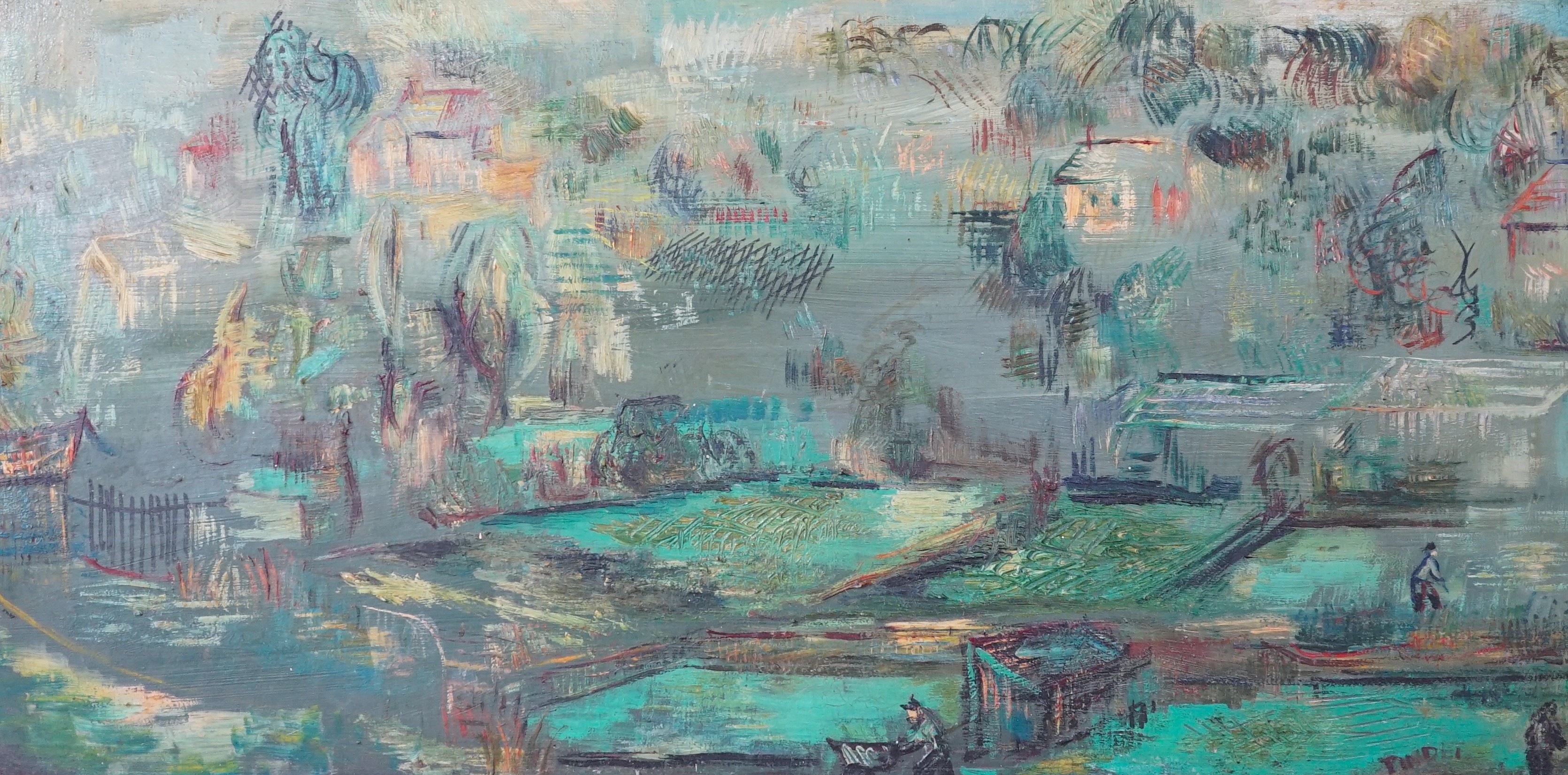 Pinder, oil on board, Figures in a parkland, signed, 30 x 60cm